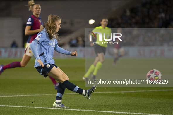 Jess Park, number 16 of Manchester City W.F.C., participates in the UEFA Women's Champions League Group D match between Manchester City and...