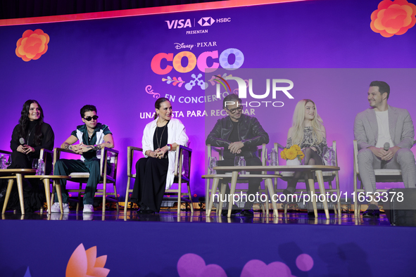 (L-R) Sofia Garza, Mario Bautista, Angelica Vale, Chacho Gaytan, Karol Sevilla, and Carlos Gatica attend a press conference to promote Coco...