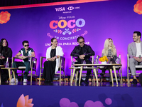 (L-R) Sofia Garza, Mario Bautista, Angelica Vale, Chacho Gaytan, Karol Sevilla, and Carlos Gatica attend a press conference to promote Coco...