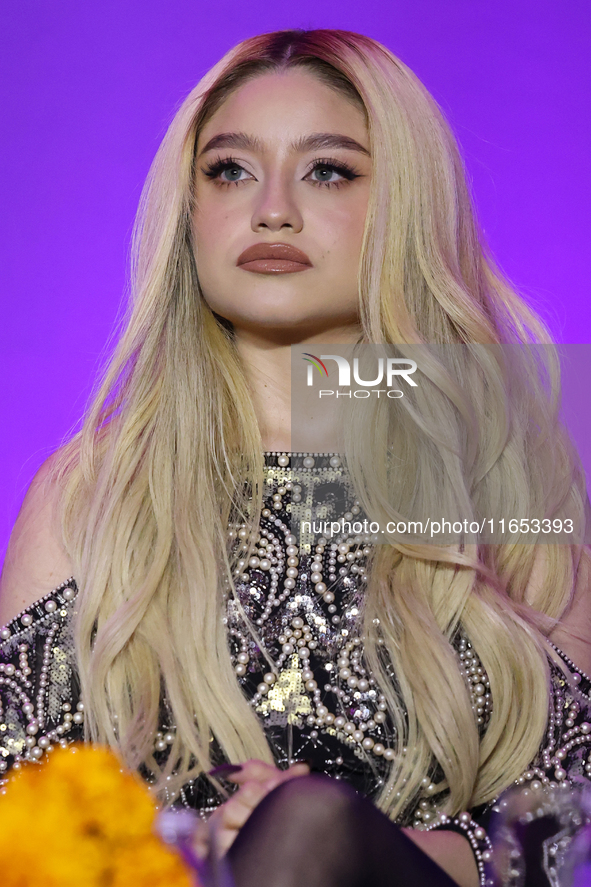 Karol Sevilla attends a press conference to promote Coco in concert: a party to remember at Hotel St. Regis in Mexico City, Mexico, on Octob...