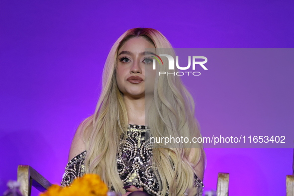 Karol Sevilla attends a press conference to promote Coco in concert: a party to remember at Hotel St. Regis in Mexico City, Mexico, on Octob...