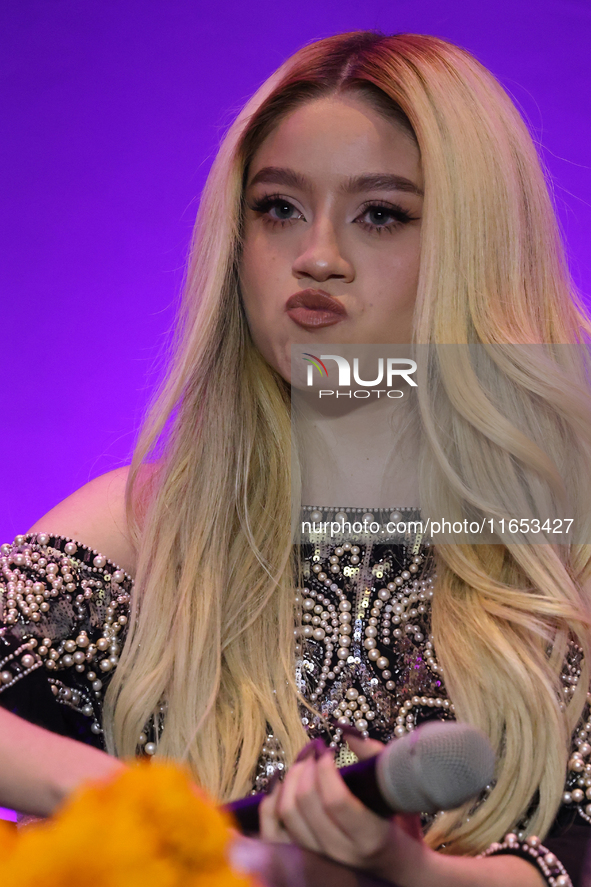 Karol Sevilla attends a press conference to promote Coco in concert: a party to remember at Hotel St. Regis in Mexico City, Mexico, on Octob...