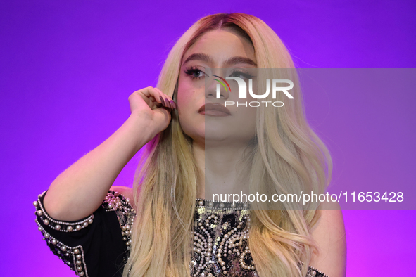 Karol Sevilla attends a press conference to promote Coco in concert: a party to remember at Hotel St. Regis in Mexico City, Mexico, on Octob...