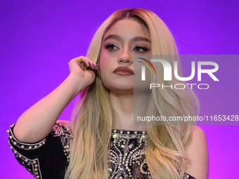 Karol Sevilla attends a press conference to promote Coco in concert: a party to remember at Hotel St. Regis in Mexico City, Mexico, on Octob...