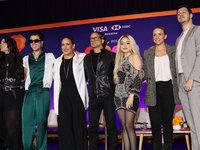 (L-R) Sofia Garza, Mario Bautista, Angelica Vale, Chacho Gaytan, Karol Sevilla, and Carlos Gatica attend a press conference to promote Coco...