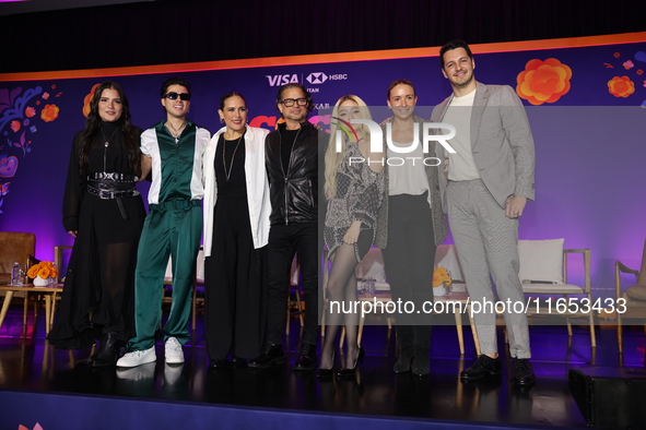 (L-R) Sofia Garza, Mario Bautista, Angelica Vale, Chacho Gaytan, Karol Sevilla, and Carlos Gatica attend a press conference to promote Coco...