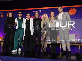 (L-R) Sofia Garza, Mario Bautista, Angelica Vale, Chacho Gaytan, Karol Sevilla, and Carlos Gatica attend a press conference to promote Coco...