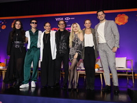 (L-R) Sofia Garza, Mario Bautista, Angelica Vale, Chacho Gaytan, Karol Sevilla, and Carlos Gatica attend a press conference to promote Coco...