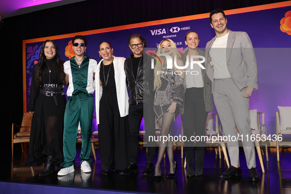 (L-R) Sofia Garza, Mario Bautista, Angelica Vale, Chacho Gaytan, Karol Sevilla, and Carlos Gatica attend a press conference to promote Coco...