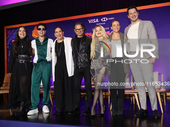 (L-R) Sofia Garza, Mario Bautista, Angelica Vale, Chacho Gaytan, Karol Sevilla, and Carlos Gatica attend a press conference to promote Coco...