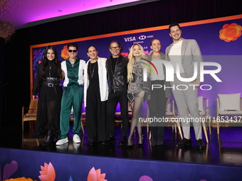 (L-R) Sofia Garza, Mario Bautista, Angelica Vale, Chacho Gaytan, Karol Sevilla, and Carlos Gatica attend a press conference to promote Coco...