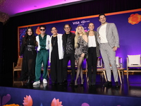 (L-R) Sofia Garza, Mario Bautista, Angelica Vale, Chacho Gaytan, Karol Sevilla, and Carlos Gatica attend a press conference to promote Coco...