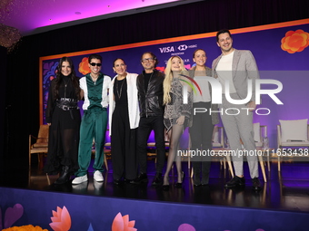 (L-R) Sofia Garza, Mario Bautista, Angelica Vale, Chacho Gaytan, Karol Sevilla, and Carlos Gatica attend a press conference to promote Coco...