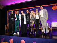 (L-R) Sofia Garza, Mario Bautista, Angelica Vale, Chacho Gaytan, Karol Sevilla, and Carlos Gatica attend a press conference to promote Coco...