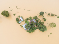 Heavy rains and water from upstream cause severe flooding in Sherpur, Bangladesh, on October 5, 2024, submerging houses. Seven deaths are re...