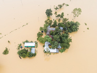 Heavy rains and water from upstream cause severe flooding in Sherpur, Bangladesh, on October 5, 2024, submerging houses. Seven deaths are re...