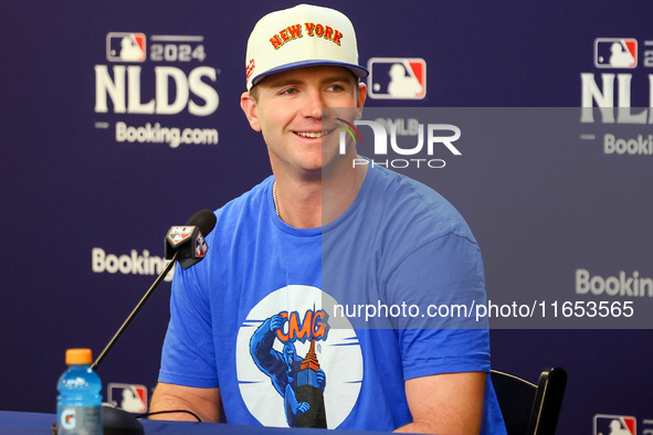 New York Mets' Pete Alonso #20 speaks to the media during a press conference before Game 4 of a baseball NL Division Series against the Phil...