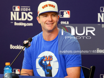 New York Mets' Pete Alonso #20 speaks to the media during a press conference before Game 4 of a baseball NL Division Series against the Phil...