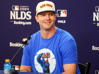 New York Mets' Pete Alonso #20 speaks to the media during a press conference before Game 4 of a baseball NL Division Series against the Phil...