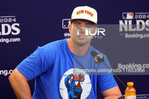 New York Mets' Pete Alonso #20 speaks to the media during a press conference before Game 4 of a baseball NL Division Series against the Phil...