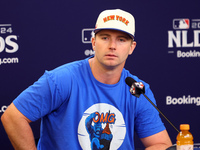 New York Mets' Pete Alonso #20 speaks to the media during a press conference before Game 4 of a baseball NL Division Series against the Phil...