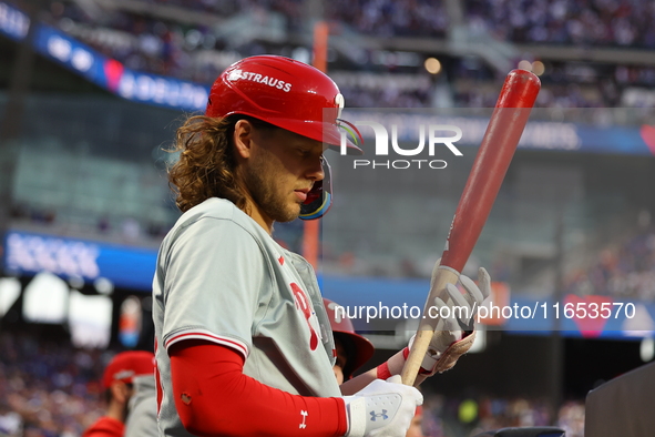 Philadelphia Phillies player Alec Bohm #28 stands in the hole during the fourth inning in Game 4 of the baseball NL Division Series against...