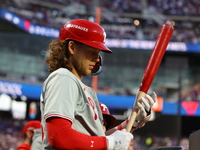 Philadelphia Phillies player Alec Bohm #28 stands in the hole during the fourth inning in Game 4 of the baseball NL Division Series against...