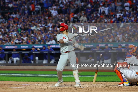 Nick Castellanos #8 of the Philadelphia Phillies doubles during the fourth inning in Game 4 of the baseball NL Division Series against the N...