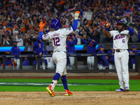 New York Mets player Francisco Lindor #12 rounds the bases after hitting a home run during the sixth inning in Game 4 of the baseball NL Div...