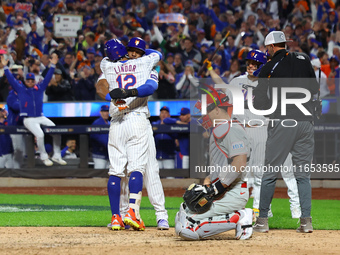 New York Mets player Francisco Lindor #12 rounds the bases after hitting a home run during the sixth inning in Game 4 of the baseball NL Div...