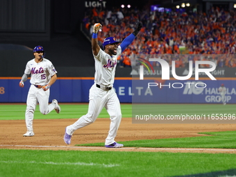 New York Mets' Starling Marte #6 rounds the bases on Francisco Lindor's grand slam home run during the sixth inning in Game 4 of the NLDS ag...