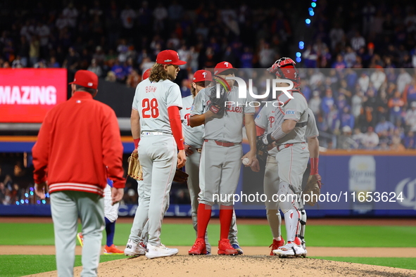 Philadelphia Phillies starting pitcher Ranger Suarez #55 is removed from the game during the fifth inning in Game 4 of the baseball NL Divis...