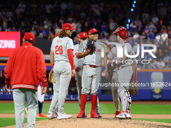 Philadelphia Phillies starting pitcher Ranger Suarez #55 is removed from the game during the fifth inning in Game 4 of the baseball NL Divis...