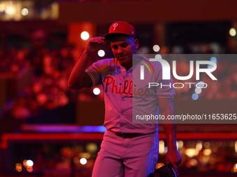 Philadelphia Phillies starting pitcher Ranger Suarez #55 is removed from the game during the fifth inning in Game 4 of the baseball NL Divis...