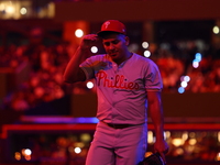 Philadelphia Phillies starting pitcher Ranger Suarez #55 is removed from the game during the fifth inning in Game 4 of the baseball NL Divis...