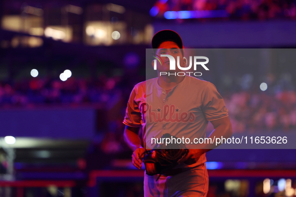 Philadelphia Phillies starting pitcher Ranger Suarez #55 is removed from the game during the fifth inning in Game 4 of the baseball NL Divis...