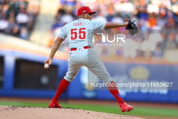 Philadelphia Phillies starting pitcher Ranger Suarez #55 throws during the first inning in Game 4 of a baseball NL Division Series against t...