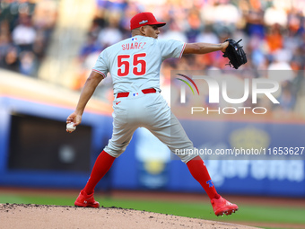 Philadelphia Phillies starting pitcher Ranger Suarez #55 throws during the first inning in Game 4 of a baseball NL Division Series against t...