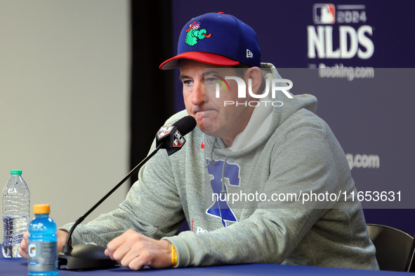 Philadelphia Phillies Manager Rob Thomson #59 speaks to the media during a press conference in Game 4 of a baseball NL Division Series again...