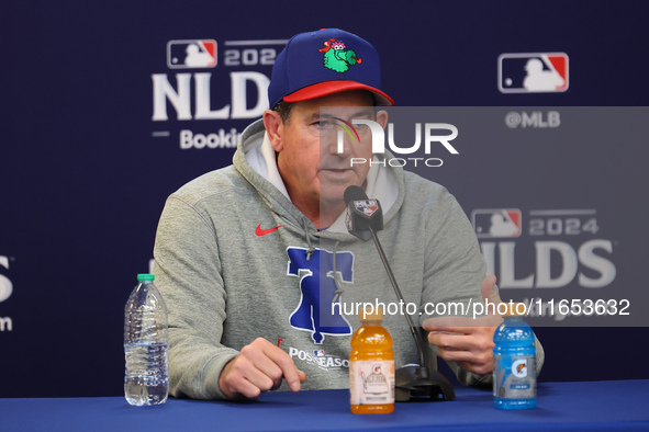 Philadelphia Phillies Manager Rob Thomson #59 speaks to the media during a press conference in Game 4 of a baseball NL Division Series again...