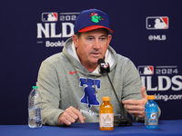 Philadelphia Phillies Manager Rob Thomson #59 speaks to the media during a press conference in Game 4 of a baseball NL Division Series again...