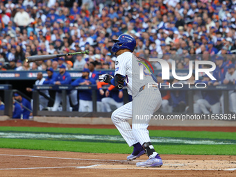 Mark Vientos #27 of the New York Mets doubles during the second inning in Game 4 of a baseball NL Division Series against the Philadelphia P...