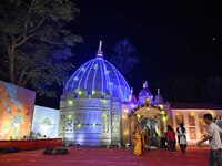 A community puja pandal is themed on the Maa Kamakhya Temple during the Durga Puja festival in Guwahati, India, on October 9, 2024. (