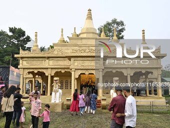 A community puja pandal is present during the Durga Puja festival in Guwahati, India, on October 9, 2024. (