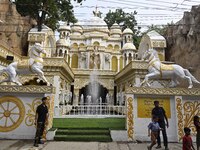 A community puja pandal is present during the Durga Puja festival in Guwahati, India, on October 9, 2024. (