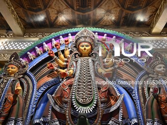 An idol of Goddess Durga is present during the Durga Puja festival in Guwahati, India, on October 9, 2024. (