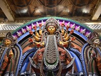 An idol of Goddess Durga is present during the Durga Puja festival in Guwahati, India, on October 9, 2024. (