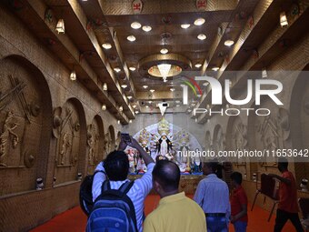 A community puja pandal is present during the Durga Puja festival in Guwahati, India, on October 9, 2024. (