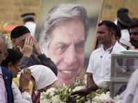 People gather to pay tribute to the mortal remains of Indian industrialist Ratan Tata at the National Centre for the Performing Arts (NCPA)...