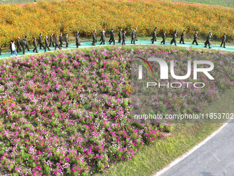 Retired soldiers and teachers visit a scenic spot to celebrate the upcoming Double Ninth Festival in Lianyungang, Jiangsu province, China, o...